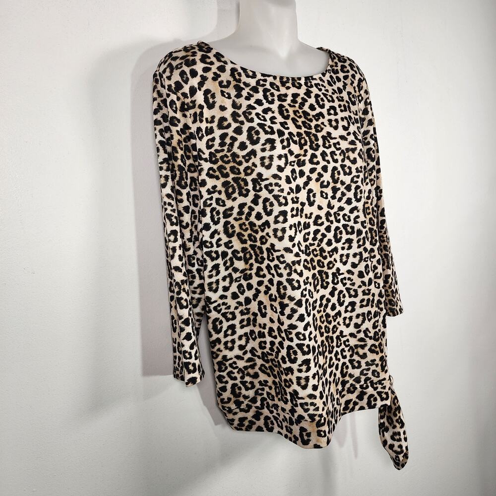 Chico's Womens Top Leopard Print Side Tie Round Neck Knit 3/4 Sleeve Large Brown - Picture 7 of 11